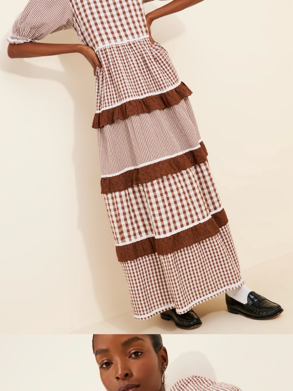 Gingham Tiered Maxi Dress in Brown and Cream